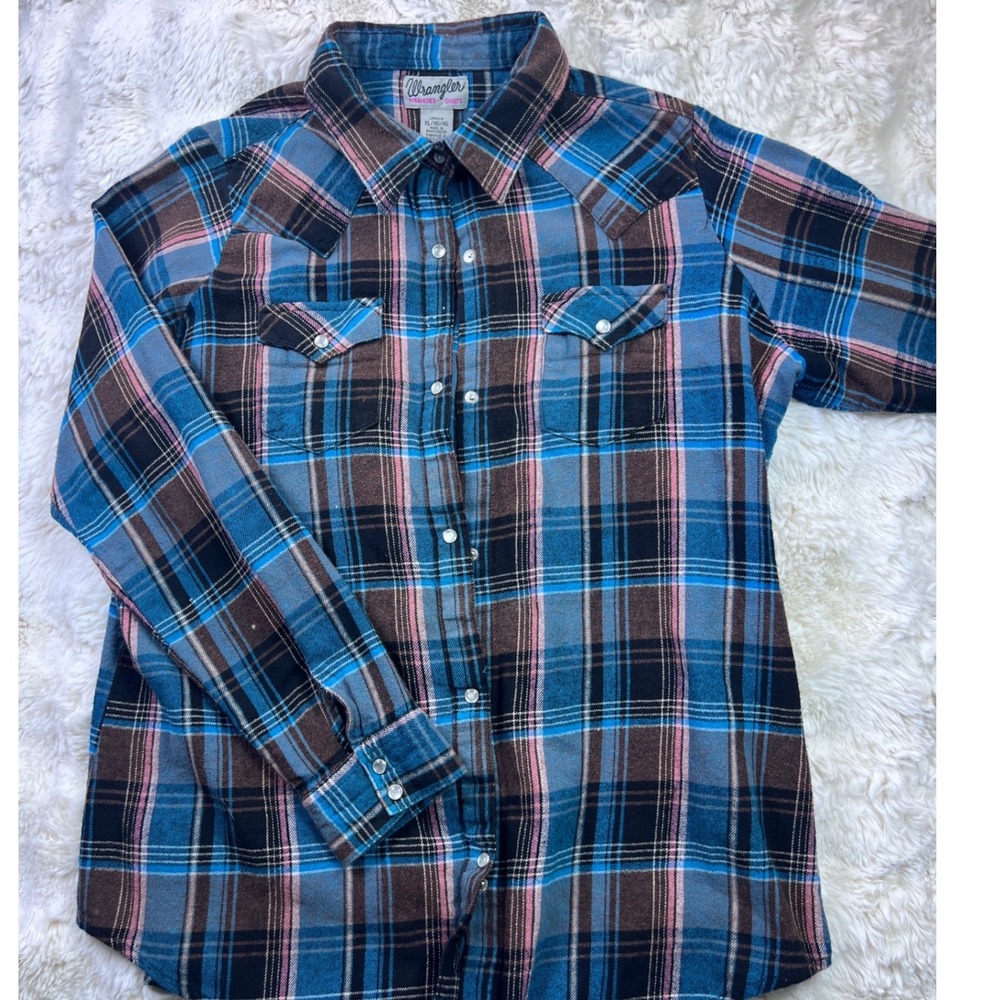 Wrangler Wrancher Western Shirt Blue Brown Pink Plaid Pearl Snap XL A35